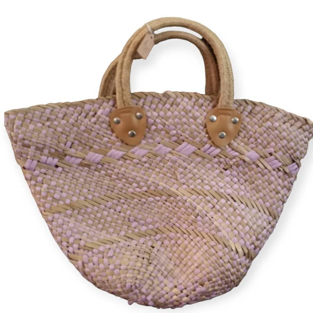 Woven Straw Tote Bag - Tan and Purple